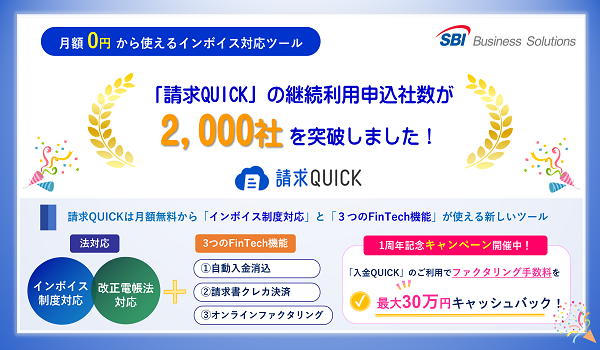 「請求QUICK」の申込社数が2,000社を突破！ ～1周年記念で30万円キャッシュバックなどのお得なキャンペーンも開催中～